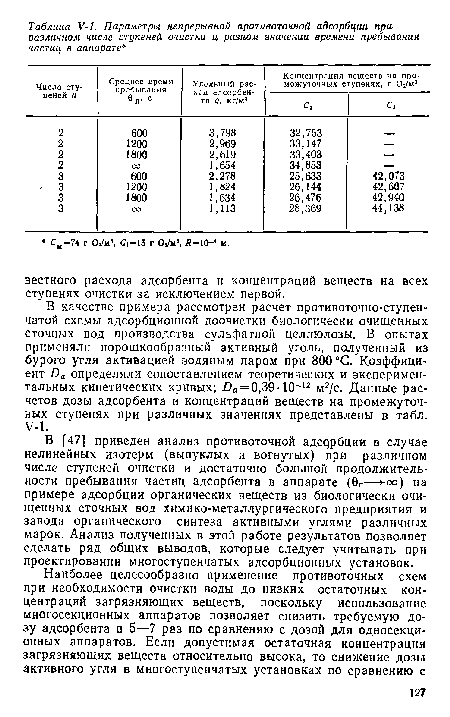 В [47] приведен анализ противоточной адсррбции в случае нелинейных изотерм (выпуклых и вогнутых) при различном числе ступеней очистки и достаточно большой продолжительности пребывания частиц адсорбента в аппарате (0П—>-°°) на примере адсорбции органических веществ из биологически очищенных сточных вод химико-металлургического предприятия и завода органического синтеза активными углями различных марок. Анализ полученных в этой работе результатов позволяет сделать ряд общих выводов, которые следует учитывать при проектировании многоступенчатых адсорбционных установок.