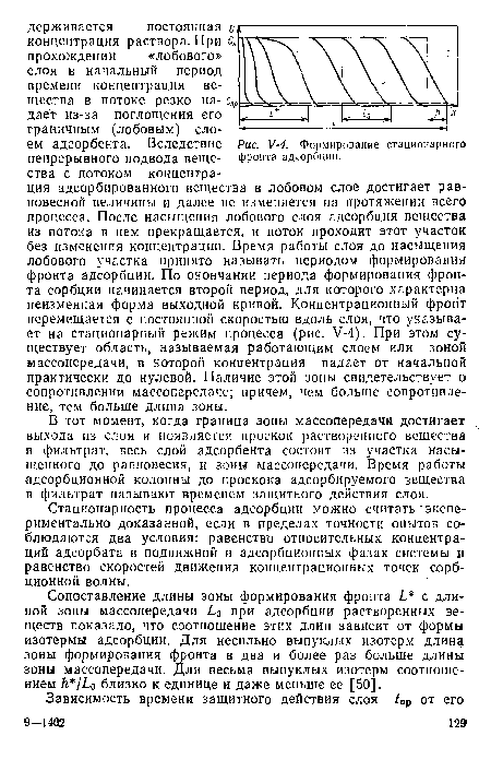 Сопоставление длины зоны формирования фронта Ь с длиной зоны массопередачи Ь0 при адсорбции растворенных веществ показало, что соотношение этих длин зависит от формы изотермы адсорбции. Для несильно выпуклых изотерм длина зоны формирования фронта в два и более раз больше длины зоны массопередачи. Для весьма выпуклых изотерм соотношением к /Ьо близко к единице и даже меньше ее [50].