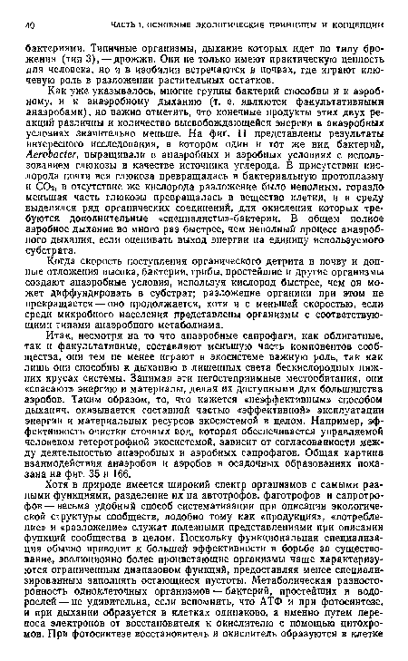 Итак, несмотря на то что анаэробные сапрофаги, как облигатные, так и факультативные, составляют меньшую часть компонентов сообщества, они тем не менее играют в экосистеме важную роль, так как лишь они способны к дыханию в лишенных света бескислородных нижних ярусах системы. Занимая эти негостеприимные местообитания, они «спасают» энергию и материалы, делая их доступными для большинства аэробов. Таким образом, то, что кажется «неэффективным» способом дыхания, оказывается составной частью «эффективной» эксплуатации энергии и материальных ресурсов экосистемой в целом. Например, эффективность очистки сточных вод, которая обеспечивается управляемой человеком гетеротрофной экосистемой, зависит от согласованности между деятельностью анаэробных и аэробных сапрофагов. Общая картина взаимодействия анаэробов и аэробов в осадочных образованиях показана на фиг. 35 и 166.