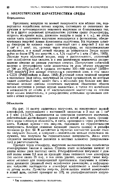 На фиг. 14 спектр солнечного излучения, не искаженного земной атмосферой, поступающего с постоянной скоростью в 2 кал на 1 см2 в 1 мин (±3,5%), сравнивается со спектрами солнечного излучения, действительно достигающего уровня моря в ясный день, света, прошедшего через сплошную облачность, и света, прошедшего через растительность. Каждая кривая — это энергия, падающая на горизонтальную поверхность. Влияние сезонных вариаций (высота солнца) и рельефа показано ца фиг. 62. В холмистых и гористых местностях южные склоны получают больше, а северные — значительно меньше солнечного излучения, чем получала бы горизонтальная поверхность. Из-за этого создаются значительные различия в местных климатах (микроклиматах) и растительности.