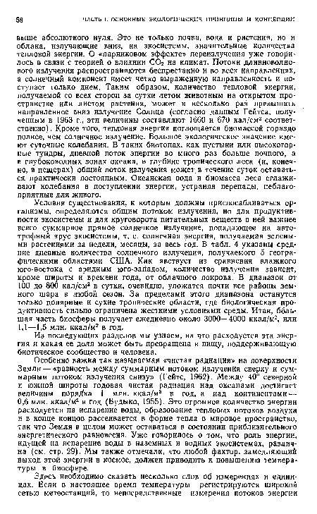 Особенно важна так называемая «чистая радиация» на поверхности Земли — «разность между суммарным потоком излучения сверху и суммарным потоком излучения снизу» (Гейтс, 1962). Между 40° северной и южной широты годовая чистая радиация над океанами достигает величины порядка 1 млн. ккал/м2 в год, а над континентами — 0,6 млн. ккал/м2 в год (Будыко, 1955). Это огромное количество энергии расходуется на испарение воды, образование тепловых потоков воздуха и в конце концов рассеивается в форме тепла в мировое пространство, так что Земля в целом может оставаться в состоянии приблизительного энергетического равновесия. Уже говорилось о том, что роль энергии, идущей на испарение воды в наземных и водных экосистемах, различна (см. стр. 29). Мы также отмечали, что любой фактор, замедляющий выход этой энергии в космос, должен приводить к повышению температуры в биосфере.