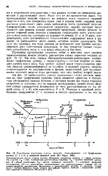 Принципы организации пищевых цепей и действия двух законов термодинамики можно уяснить, рассмотрев схемы переноса энергии на фиг. 19—21. На этих схемах «четырехугольники-резервуары» изображают трофические уровни, а линии-«трубы» — потоки энергии от каждого уровня или к нему. Как требует первый закон термодинамики, приток энергии уравновешивается ее оттоком, и каждый перенос энергии сопровождается ее рассеиванием в форме, недоступной для использования тепловой энергии (при дыхании), как того требует второй закон.