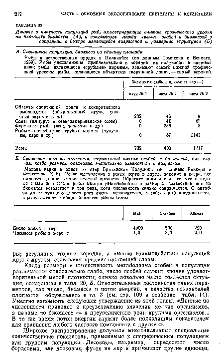Когда размеры и интенсивность метаболизма особей в популяции различаются относительно слабо, число особей служит вполне удовлетворительной мерой плотности; однако довольно часто создается ситуация, показанная в табл. 20, Б. Относительнные достоинства таких параметров, как число, биомасса и поток энергии, в качестве показателей плотности обсуждались в гл. 3 (см. стр. 109 и особенно табл. 14). Уместно напомнить следующее утверждение из этой главы: «Данные по численности приводят к преувеличению значения мелких организмов, а данные по биомассе — к преувеличению роли крупных организмов... В то же время поток энергии служит более подходящим показателем для сравнения любого частного компонента с другими».