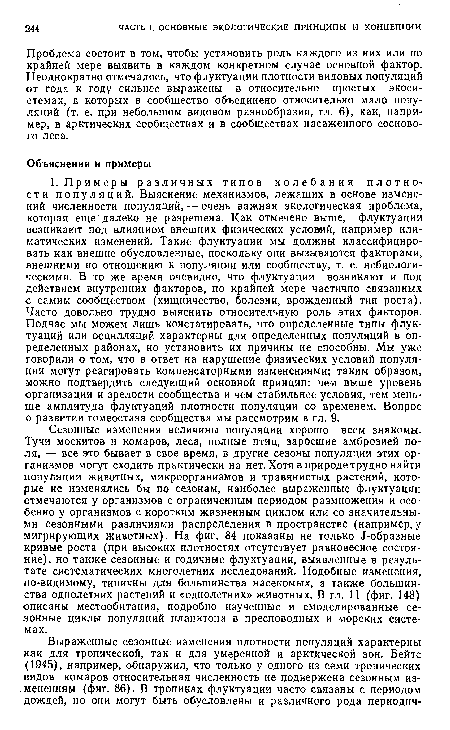 Сезонные изменения величины популяции хорошо всем знакомы. Тучи москитов и комаров, леса, полные птиц, заросшие амброзией поля, — все это бывает в свое время, в другие сезоны популяции этих организмов могут сходить практически на нет. Хотя в природе трудно найти популяции животных, микроорганизмов и травянистых растений, которые не изменялись бы по сезонам, наиболее выраженные флуктуации отмечаются у организмов с ограниченным периодом размножения и особенно у организмов с коротким жизненным циклом или со значительными сезонными различиями распределения в пространстве (например, у мигрирующих животных). На фиг. 84 показаны не только Л-образные кривые роста (при высоких плотностях отсутствует равновесное состояние), но также сезонные и годичные флуктуации, выявленные в результате систематических многолетних исследований. Подобные изменения, по-видимому, типичны для большинства насекомых, а также большинства однолетних растений и «однолетних» животных. В гл. 11 (фиг. 148) описаны местообитания, подробно изученные и смоделированные сезонные циклы популяций планктона в пресноводных и морских системах.