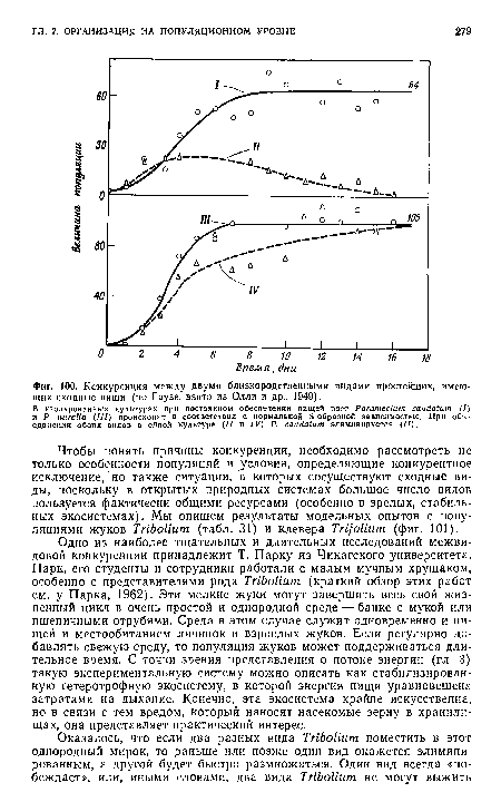 Одно из наиболее тщательных и длительных исследований межвидовой конкуренции принадлежит Т. Парку из Чикагского университета. Парк, его студенты и сотрудники работали с малым мучным хрущаком, особенно с представителями рода Tribolium (краткий обзор этих работ см. у Парка, 1962). Эти мелкие жуки могут завершить весь свой жизненный цикл в очень простой и однородной среде — банке с мукой или пшеничными отрубями. Среда в этом случае служит одновременно и пищей и местообитанием личинок и взрослых жуков. Если регулярно добавлять свежую среду, то популяция жуков может поддерживаться длительное время. С точки зрения представления о потоке энергии (гл. 3) такую экспериментальную систему можно описать как стабилизированную гетеротрофную экосистему, в которой энергия пищи уравновешена затратами на дыхание. Конечно, эта экосистема крайне искусственна, но в связи с тем вредом, который наносят насекомые зерну в хранилищах, она представляет практический интерес.