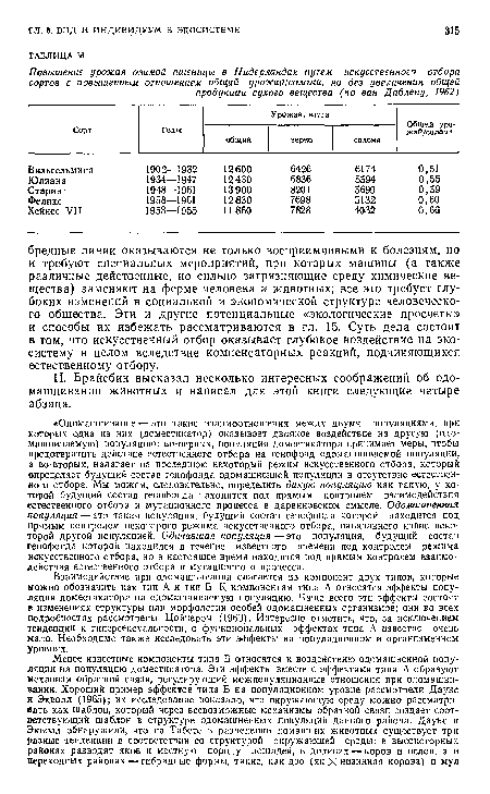 Взаимодействие при одомашнивании слагается из компонент двух типов, которые можно обозначить как тип А и тип Б. К компонентам типа А относятся эффекты популяции доместикатора на одомашниваемую популяцию. Чаще всего эти эффекты состоят в изменениях структуры или морфологии особей одомашненных организмов; они во всех подробностях рассмотрены Цойнером (1963). Интересно отметить, что, за исключением тенденции к гиперсексуальности, о функциональных эффектах типа А известно очень мало. Необходимо также исследовать эти эффекты на популяционном и организменном уровнях.