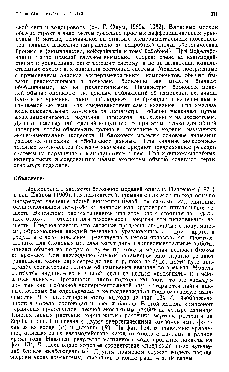 Применение в экологии блоковых моделей описано Паттеном (1971) и ван Дайном (1969). Исследователей, применяющих этот подход, обычно интересует изучение общей динамики целой экосистемы как единицы, осуществляющей переработку энергии или круговорот питательных веществ. Экосистема рассматривается при этом как состоящая из отдельных блоков — отсеков или резервуаров энергии или питательных веществ. Предполагается, что сложные процессы, связанные с популяциями, образующими каждый резервуар, уравновешивают друг друга, в результате чего поведение резервуара в целом оказывается простым. Данные для блоковых моделей могут дать и экспериментальные работы, однако обычно их получают путем простого измерения величин блоков во времени. Для нахождения оценок параметров многократно решают уравнения, меняя параметры до тех пор, пока не будет достигнуто наилучшее соответствие данным об изменении величин во времени. Модель считается неудовлетворительной, если ее нельзя «подогнать» к имеющимся данным. Противники такого подхода считают, что это «ненаучно», так как в обычной экспериментальной науке стараются найти данные, которые бы опровергали, а не подтверждали предполагаемую зависимость. Для иллюстрации этого подхода на фиг. 134, А изображена простая модель, состоящая из шести блоков. В этой модели компонент первичных продуцентов степной экосистемы разбит на четыре единицы (листья живых растений, корни живых растений, мертвые растения на корню и опад) и связан с двумя энергетическими компонентами: фотосинтез на входе (Р) и дыхание (7?). На фиг. 134, Б приведены уравнения, описывающие взаимодействие каждого блока с другими в разное время года. Наконец, результат машинного моделирования показан на фиг. 134, В; здесь видно хорошее соответствие «предсказанных» изменений блоков «наблюденным». Другим примером служит модель потока энергии через экосистему, описанная в конце разд. 4 этой главы.