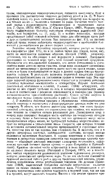 Значение мелких бентосных водорослей, которые растут не только на макрофитах (фиг. 175), но и на любых типах дна (скала, песок, ил), часто не оценивается должным образом. Помрой (1959), например, установил, что на обитающие в иле водоросли в лиманах Джорджии приходится по меньшей мере треть всей годовой первичной продукции. Результаты его исследований показали, что летом интенсивность фотосинтеза выше всего во время прилива, когда вода охлаждает организмы; зимой же интенсивность фотосинтеза выше всего во время отлива, когда отмели в бухте освобождаются от воды и донные осадки быстро прогреваются солнцем. В результате величина первичной продукции поддерживается приблизительно на постоянном уровне в течение года. Это еще один хороший пример функционального гомеостаза в условиях заметных сезонных изменений освещенности и температуры. Изучая бентосных диатомовых, обитающих в лиманах, Уильямс (1968) обнаружил, что многие из них строят трубочки из ила, в которых передвигаются вверх и вниз в соответствии с режимом освещенности и температуры (пример «поведенческого» приспособления растений). Схема потока энергии в засоленном марше лимана приведена в работе Тила (1962).