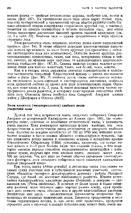 Хвоя разлагается очень медленно, поэтому почва имеет подзолистый профиль (фиг. 54). В почве обитают довольно многочисленные популяции мелких организмов, но мало более крупных (по сравнению с почвами листопадного леса или злаковников). Питание многих крупных растительноядных позвоночных, таких, как лоси, тетеревиные птицы и зайцы, зависит, по крайней мере частично, от развивающихся широколиственных сообществ (фиг. 187,5). Семена хвойных служат важным источником пищи для многих животных, таких, как белки, чижи, клесты.