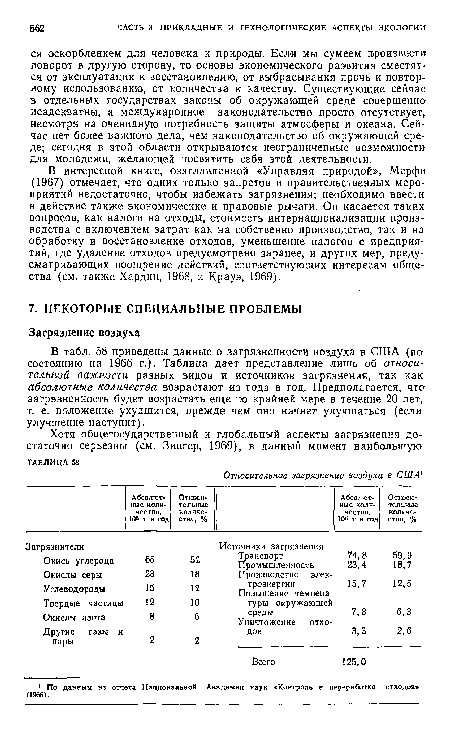 В интересной книге, озаглавленной «Управляя природой», Мерфи (1967) отмечает, что одних только запретов и правительственных мероприятий недостаточно, чтобы избежать загрязнения; необходимо ввести в действие также экономические и правовые рычаги. Он касается таких вопросов, как налоги на отходы, стоимость интернационализации производства с включением затрат как на собственно производство, так и на обработку и восстановление отходов, уменьшение налогов с предприятий, где удаление отходов предусмотрено заранее, и других мер, предусматривающих поощрение действий, соответствующих интересам общества (см. также Хардин, 1968, и Крауэ, 1969).