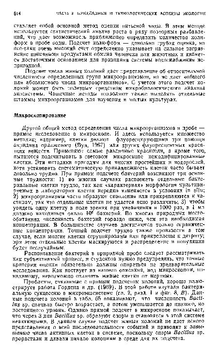 Распознавание бактерий в природной пробе следует рассматривать как субъективный процесс, и студентов нужно предупредить, что точные критерии оценки обязательно должны опираться на предварительные исследования. Как явствует из нашего описания, под микроскопом, по-видимому, невозможно отличить живые клетки от мертвых.