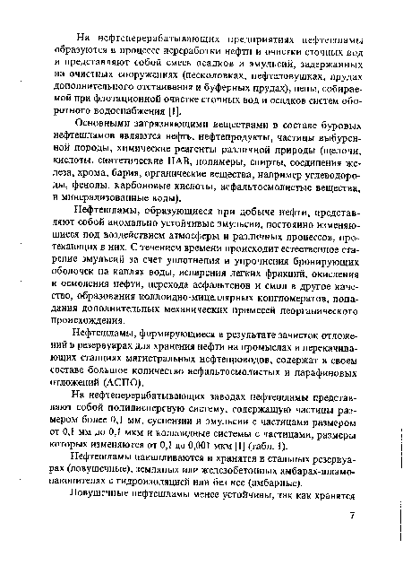 Нефтешламы, образующиеся при добыче нефти, представляют собой аномально устойчивые эмульсии, постоянно изменяющиеся под воздействием атмосферы и различных процессов, протекающих в них. С течением времени происходит естественное старение эмульсий за счет уплотнения и упрочнения бронирующих оболочек на каплях воды, испарения легких фракций, окисления и осмоления нефти, перехода асфальтенов и смол в другое качество, образования коллоидно-мицеллярных конгломератов, попадания дополнительных механических примесей неорганического происхождения.