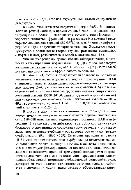 Химические реагенты применяют для обезвреживания, в частности капсулирования нефтешламов [24]. Для этого используют кальцийсодержащие реагенты, например известь [25]. Этот способ достаточно прост, но его эффективность небольшая.