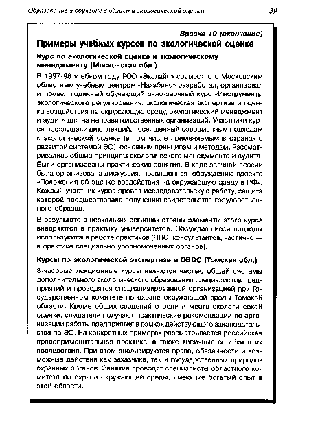 В 1997-98 учебном году РОО «Эколайн» совместно с Московским областным учебным центром «Нахабино» разработал, организовал и провел годичный обучающий очно-заочный курс «Инструменты экологического регулирования: экологическая экспертиза и оценка воздействия на окружающую среду, экологический менеджмент и аудит» для на неправительственных организаций. Участники курса прослушали цикл лекций, посвященный современным подходам к экологической оценке (в том числе применяемым в странах с развитой системой ЭО), основным принципам и методам. Рассматривались общие принципы экологического менеджмента и аудита. Были организованы практические занятия. В ходе заочной сессии была организована дискуссия, посвященная обсуждению проекта «Положения об оценке воздействия на окружающую среду в РФ». Каждый участник курса провел исследовательскую работу, защита которой предшествовала получению свидетельства государственного образца.