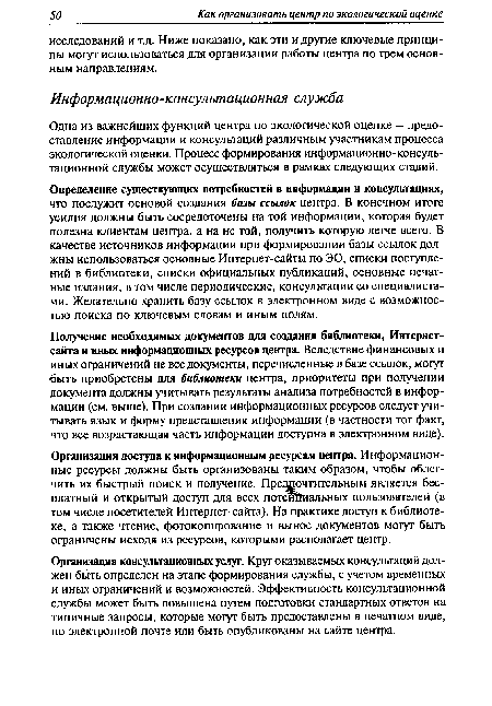 Организация консультационных услуг. Круг оказываемых консультаций должен быть определен на этапе формирования службы, с учетом временных и иных ограничений и возможностей. Эффективность консультационной службы может быть повышена путем подготовки стандартных ответов на типичные запросы, которые могут быть предоставлены в печатном виде, по электронной почте или быть опубликованы на сайте центра.