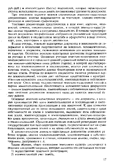 Основные земельно-кадастровые документы — это документы, в которых производится учет всего землепользования и землевладения и систематическое отражение происходящих в них изменений. К ним относятся государственный акт на право пользования землей, свидетельство о праве собственности на землю и землевладение, выдаваемое всем собственникам земли, землевладельцам и землепользователям, земельно-кадастро-вая книга предприятия, организации, учреждения и планы землевладений и землепользований. Юридическое значение земельной регистрации имеют государственная земельно-кадастровая книга, государственный акт на право пользования, владения землей и на право собственности на землю.