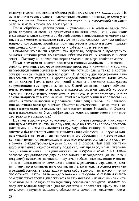 После обработки, рассмотрения и утверждения в установленном порядке полученные сведения принимают в качестве исходных для внесения в законодательные документы. На этой основе производится первичная запись в документах земельного кадастра, которые содержат полную информацию о природном, хозяйственном, правовом и экологическом положении конкретного землепользования и субъекта прав на землю.