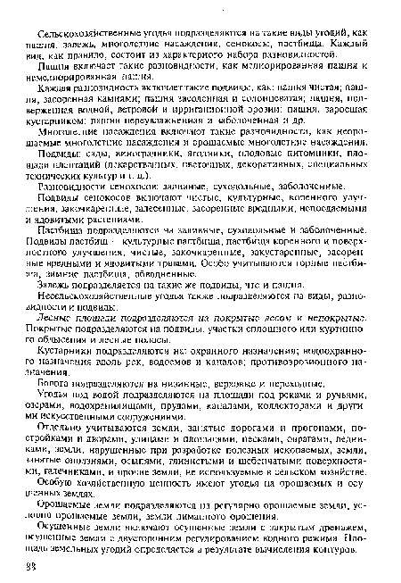 Каждая разновидность включает такие подвиды, как: тгашня чистая; пашня, засоренная камнями; пашня засоленная и солонцеватая; пашня, подверженная водной, ветровой и ирригационной эрозии; пашня, заросшая кустарником; пашня переувлажненная и заболоченная и др.