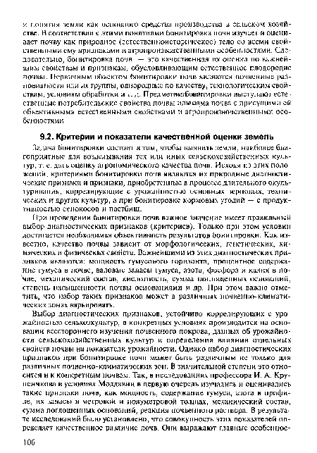 При проведении бонитировки почв важное значение имеет правильный выбор диагностических признаков (критериев). Только при этом условии достигается необходимая объективность результатов бонитировки. Как известно, качество почвы зависит от морфологических, генетических, химических и физических свойств. Важнейшими из этих диагностических признаков являются: мощность гумусового горизонта, процентное содержание гумуса в почве, валовые запасы гумуса, азота, фосфора и калия в почве, механический состав, кислотность, сумма поглощенных оснований, степень насыщенности почвы основаниями и др. При этом важно отметить, что набор таких признаков может в различных почвенно-климатических зонах варьировать.