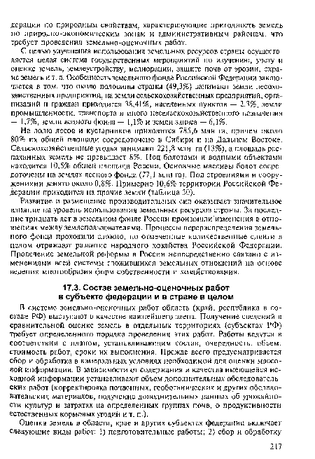 В системе земельно-оценочных работ область (край, республика в составе РФ) выступают в качестве важнейшего звена. Получение сведений в сравнительной оценке земель в отдельных территориях (субъектах РФ) требует определенного порядка проведения этих работ. Работы ведутся в соответствии с планом, устанавливающим состав, очередность, объем, стоимость работ, сроки их выполнения. Прежде всего предусматривается сбор и обработка в камеральных условиях необходимой для оценки массовой информации. В зависимости от содержания и качества имеющейся исходной информации устанавливают объем дополнительных обследовательских работ (корректировка почвенных, геоботанических и других обследовательских материалов, получение дополнительных данных об урожайности культур и затратах на определенных группах почв, о продуктивности естественных кормовых угодий и т. п.).