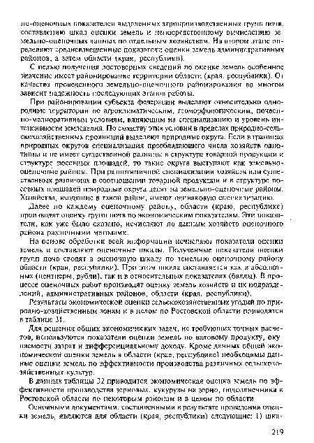 При районировании субъекта федерации выделяют относительно однородные территории по агроклиматическим, геоморфологическим, почвенно-мелиоративным условиям, влияющим на специализацию и уровень интенсивности земледелия. По сходству этих условий в пределах природно-сельскохозяйственных провинций выделяют природные округа. Если в границах природных округов специализация преобладающего числа хозяйств однотипна и не имеет существенной разницы в структуре товарной продукции и структуре посевных площадей, то такие округа выступают как земельнооценочные районы. При разнотипичной специализации хозяйств или существенных различиях в соотношении товарной продукции и в структуре посевных площадей природные округа делят на земельно-оценочные районы. Хозяйства, входящие в такой район, имеют одинаковую специализацию.