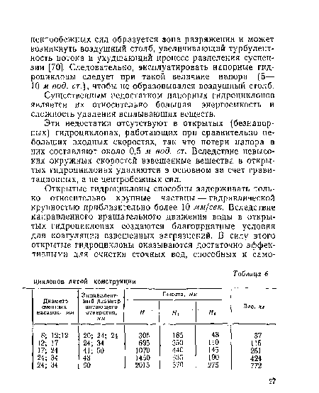 Эти недостатки отсутствуют в открытых (безнапорных) гидроциклонах, работающих при сравнительно небольших входных скоростях, так что потери напора в них составляют около 0,5 м вод. ст. Вследствие невысоких окружных скоростей взвешенные вещества в открытых гидроциклонах удаляются в основном за счет гравитационных, а не центробежных сил.
