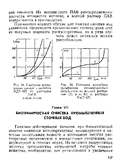 Изотермы адсорбции сульфонола активированным антрацитом из водных растворов (/) и из 0,1 и. раствора КаС1 (2).
