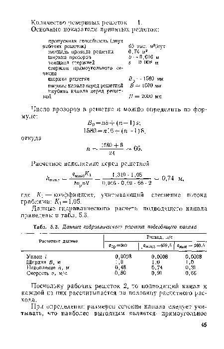 Данные гидравлического расчета подводящего канала приведены в табл. 5.3.