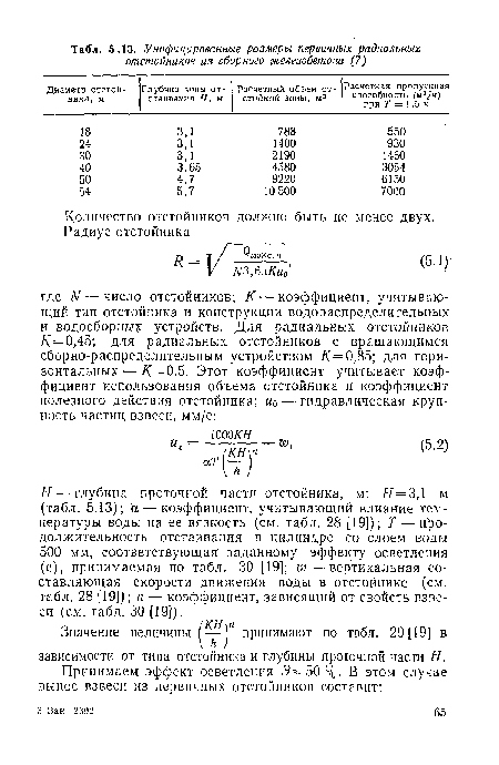 Н — глубина проточной части отстойника, м: Н = 3,1 м (табл. 5.13); а — коэффициент, учитывающий влияние температуры воды на ее вязкость (см. табл. 28 [19]); Т — продолжительность отстаивания в цилиндре со слоем воды 500 мм, соответствующая заданному эффекту осветления (с), принимаемая по табл. 30 [19]; ш — вертикальная составляющая скорости движения воды в отстойнике (см. табл. 28 [19]); п — коэффициент, зависящий от свойств взвеси (см. табл. 30 [19]).