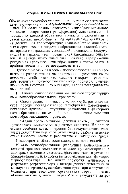 Проявление этих слагаемых почвообразовательного процесса на разных этапах возникновения и развития почвы имеет свои особенности, что позволяет говорить о ряде стадий развития почвообразовательного процесса. Генезис любой почвы состоит, как минимум, из трех последовательных стадий.