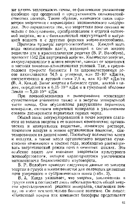 В. Р. Волобуев приводит следующие данные по запасам энергии в гумусе и живом веществе для некоторых целинных почв умеренного и субтропического пояса (табл. 2).