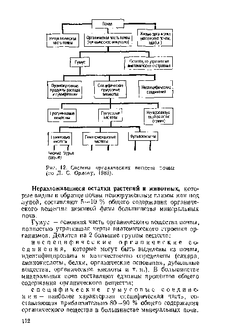 Система органических веществ почвы (по Д. С. Орлову, 1985),