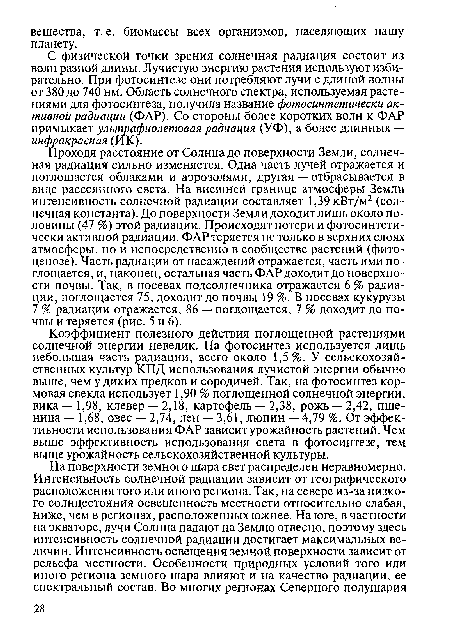 С физической точки зрения солнечная радиация состоит из волн разной длины. Лучистую энергию растения используют избирательно. При фотосинтезе они потребляют лучи с длиной волны от 380 до 740 нм. Область солнечного спектра, используемая растениями для фотосинтеза, получила название фотосинтетически активной радиации (ФАР). Со стороны более коротких волн к ФАР примыкает ультрафиолетовая радиация (УФ), а более длинных — инфракрасная (ИК).