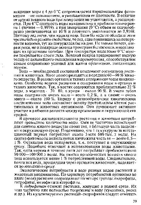 Экологические потребности в воде разных видов растений и животных неодинаковы. По характеру потребностей организма во влаге (воде) растения подразделяют на четыре группы: гидрофиты, гигрофиты, мезофиты и ксерофиты.