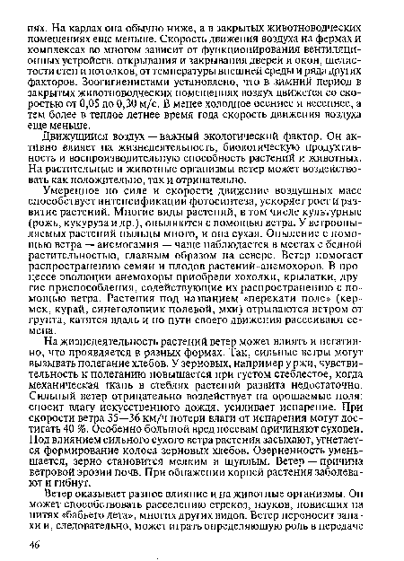 Движущийся воздух — важный экологический фактор. Он активно влияет на жизнедеятельность, биологическую продуктивность и воспроизводительную способность растений и животных. На растительные и животные организмы ветер может воздействовать как положительно, так и отрицательно.