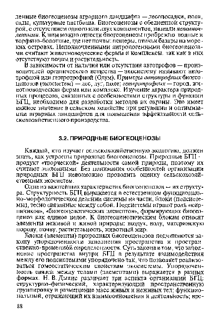 Одна из важнейших характеристик биогеоценозов — их структура. Структурность БГЦ выражается в естественном функционально-морфологическом делении системы на части, блоки (подсистемы), тесно связанные между собой. Подсистемы играют роль «кирпичиков», «биогеоценотических элементов», формирующих биогеоценоз как единое целое. К биогеоценотическим блокам относят элементы неживой и живой природы: воздух, воду, материнскую породу, почву, растительность, животный мир.