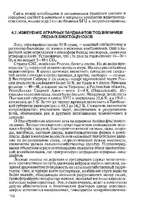 Леса, занимающие около 40 % суши, — мощный стабилизатор и регулятор биосферы, ее живых и неживых компонентов. Они в известной мере определяют в атмосфере баланс кислорода, диоксида углерода и азота. Установлено, что 1 га леса за год выделяет 10—20 т 02 и поглощает 5—10 т С02.