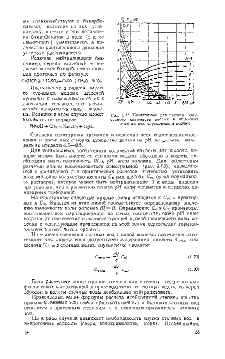 Номограмма для расчета допустимого количества кислых и щелочных сточных вод, спускаемых в водоем