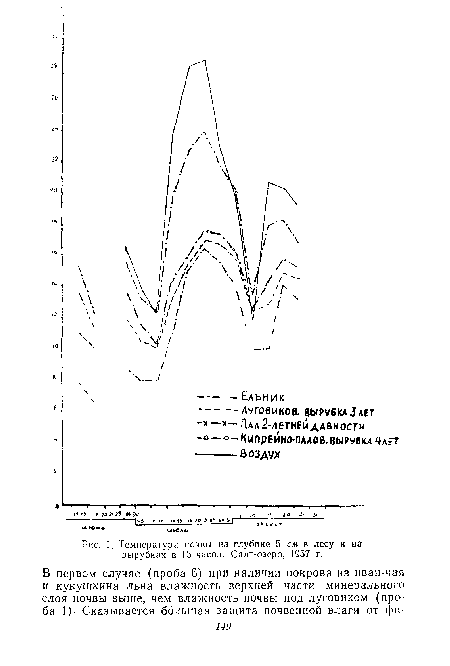 Температура почвы на глубине 5 сл в лесу и на вырубках в 13 часов. Салт-озеро, 1957 г.