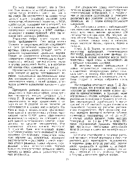 Примерной границей вегетационного периода иногда принимают время, когда средняя температура воздуха достигает 10°, а почвы 5°. В общем вегетационный период увеличивается по мере продвижения с севера на юг. В средних наших широтах он продолжается в течение мая — августа. Однако в связи с недостаточной обеспеченностью влагой в юго-восточных районах европейской части СССР длина эффективного вегетационного периода не совпадает с общей длиной вегетационного периода, исчисленного по средним температурам. Она оказывается обычно меньше последней. В Средней Азии вегетационный период в действительности часто оказывается очень коротким. Он позволяет развиваться главным образом так называемой эфемерной растительности — растениям с очень коротким циклом развития. Таким образом, определение длины вегетационного периода только по температурным данным во многих случаях не может давать удовлетворительных результатов.