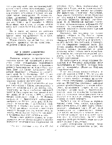 У нас дождемеры начали снабжать ниферовой защитой в 1887 г. Что же сказать про те выводы об увеличении под влиянием леса осадков, которые делались на основании старых наблюдений, «дониферовского» периода. Несомненно, различные цифровые данные производившихся в то время наблюдений, па основании которых до сих пор некоторые авторы пишут о благотворном влиянии леса па количество выпадающих осадков, в сущности характеризовали только большую или меньшую степень выдувания осадков из самих приборов.