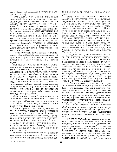 Правда, судя по некоторым косвенным данным, предполагают, что и в северных широтах на равнинах леса расходуют на транспирацию так много воды, что уровень грунтовой воды под ними должен часто стоять ниже, чем вне леса. Так, еще Доку-чаев, а затем Танфильев указывали на заболачивание площадей, наступавшее после гибели леса в результате лесных пожаров или его вырубки. Такое заболачивание сплошных вырубок с последующим разбо-лачиванием через 5—6 лет после того, как на лесосеках успеет сформироваться молодняк из хвойных или лиственных пород, наблюдали в таежной зоне Буренков, Кощеев, Мелехов и др.