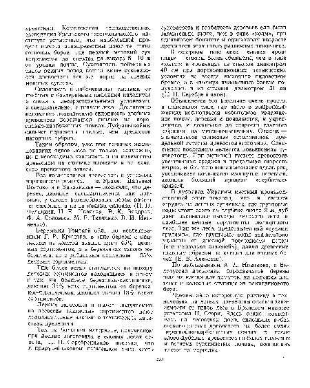 Березняки Томской обл., по исследованиям Г. В. Крылова, в типе березы с подлеском из желтой акации дают 45% деловых сортиментов, а в березняках такого же бонитета, но с рябиновым подлеском — 55% деловых сортиментов.