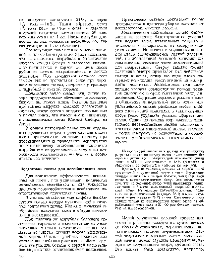 Почвенный запас семян или, иначе говоря, предварительное обсеменение лесосеки, безусловно, может иметь большое значение при зимней вырубке хвойных древостоев в случаях, когда семена опадают осенью или в начале зимы, что имеет место, например, в лиственничных лесах Южной Сибири, на Алтае.