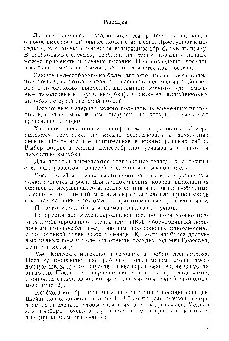 Сажать целесообразно на более плодородных свежих и влажных почвах, на которых имеется опасность задернения (вейнико-вые и луговиковые вырубки), выжимания морозом (долгомош-ные, таволговые и другие вырубки), а также на лишайниковых вырубках с сухой песчаной почвой.