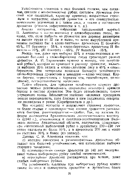 Что касается возраста и возрастного строения древостоя, то более старые и одновозрастные еловые древостой распадаются быстрее, разновозрастные — слабее. Так, по данным кафедры лесоводства Архангельского лесотехнического института (1940 г.), относящимся к ельникам-зеленомошникам Вельского лесхоза Архангельской области, получилось следующее: при интенсивной выборочной рубке в древостоях 100—130 лет отпад оказался не более 10%, а в древостоях 200 лет и выше он составил 30% и более (по запасу).