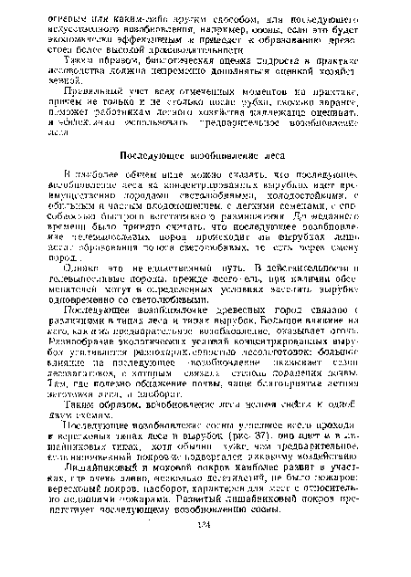 Последующее возобновление древесных парод связано с различиями в типах леса и типах вырубок. Большое влияние на него, как и на предварительное возобновление, оказывает огонь. Разнообразие экологических условий концентрированных вырубок усиливается разнохарактерностью лесоза-готовок: большое влияние на последующее возобновление оказывает сезон лесозаготовок, с которым связана степень поранения лочвы. Там, где полезно обнажение почвы, чаще благоприятна летняя заготовка леса, и наоборот.