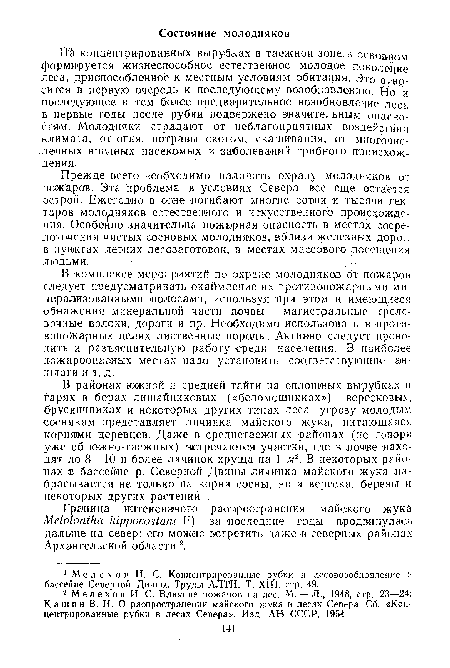 В районах южной и средней тайги на сплошных вырубках и гарях в борах лишайниковых («беломошниках») вересковых, брусничниках и некоторых других типах леса угрозу молодым соснякам представляет личинка майского жука, питающаяся корнями деревцев. Даже в ореднетаежных районах (не говоря уже об южно-таежных) встречаются участки, где в почве находят до 8—10 и более личинок хруща на 1 м2. В некоторых районах в бассейне р. Северной Двины личинка майского жука набрасывается не только на корни сосны, но и вереска, березы и некоторых других растений1.