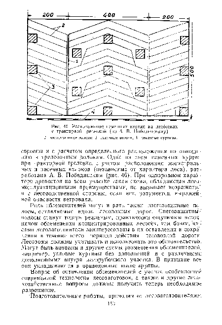 Роль обсеменителей могут играть также снегозащитные полосы, оставляемые вдоль лесовозных дорог. Снегозащитный полосы станут теперь реальным, практически ощутимым источ ником обсеменения концентрированных лесосек, тем более, что сами лесозаготовители заинтересованы в их оставлении и сохранении в течение всего периода действия лесовозной дороги: Лесоводы должны учитывать и использовать это обстоятельство Могут быть .названы и другие схемы размещения обсеменителей, например, угловые куртины без дополнений и с различными дополнениями внутри лесорубочного участка. В принципе все они укладываются в приведенные выше группы.