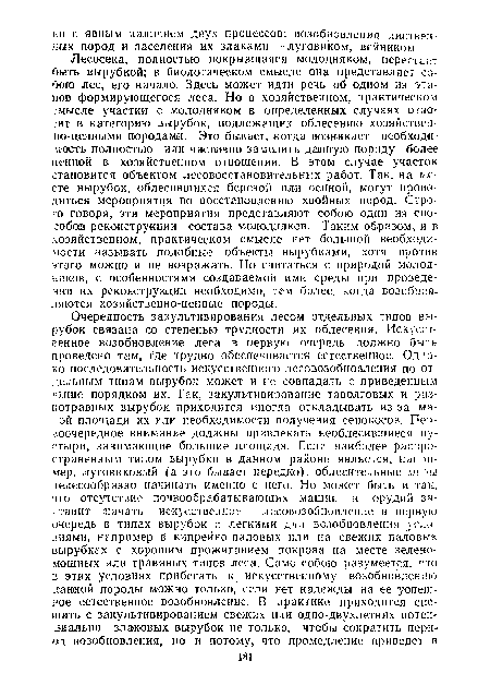 Лесосека, полностью покрывшаяся молодняком, перестает быть вырубкой; в биологическом смысле она представляет собою лес, его начало. Здесь может идти речь об одном из этапов формирующегося леса. Но в хозяйственном, практическом смысле участки с молодняком в определенных случаях относят в категорию вырубок, подлежащих облесению хозяйствен-но-целными породами. Это бывает, когда возникает необходимость полностью или частично заменить данную породу более пенной в хозяйственном отношении. В этом случае участок становится объектом лесовосстановительных работ. Так, на месте вырубок, облесившихся березой ил,и осиной, могут проводиться мероприятия по восстановлению хвойных пород. Строго говоря, эти мероприятия представляют собою один из способов реконструкции состава молодняков. Таким образам, и в хозяйственном, практическом смысле нет большой необходимости называть подобные объекты вырубками, хотя против этого можно и не возражать. Но считаться с природой молодняков, с особенностями создаваемой ими среды при проведении их реконструкции необходимо, тем более, когда возобновляются хозяйственно-ценные породы.